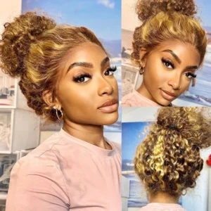 Water Wave 18 Inch Invisible Strap 360 Full Lace Front Wig Honey Blonde Highlight Deep Wave Frontal Wig Glueless Wig Human Hair - 180% Density