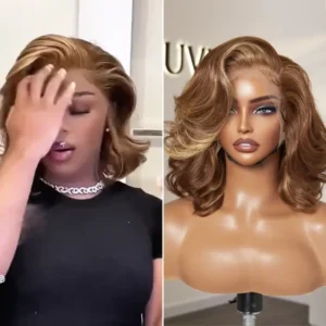 Alternative view of PreMax Wigs - Honey Brown with Blonde Highlights Bouncy Body Wave Glueless 13x4 Frontal Lace Human Hair Wig, 20 inch