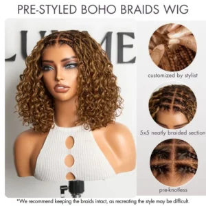 Alternative view of Readitress™ Ombre Brown Highlight Boho Braids Deep Curly Glueless 5x5 Closure Lace with Braided Top Human Hair Wig Pre-Cut Lace - 12 inch