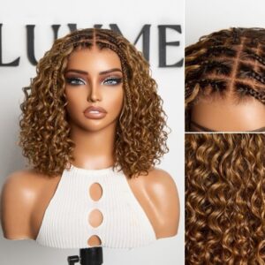 Readitress™ Ombre Brown Highlight Boho Braids Deep Curly Glueless 5x5 Closure Lace with Braided Top Human Hair Wig Pre-Cut Lace - 12 inch