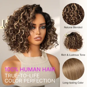 Alternative view of Ready to Go Blonde Highlight Water Wave Short Curly Bob Wig Glueless Minimalist HD Lace Wig Pre-Cut Lace - 10 inch