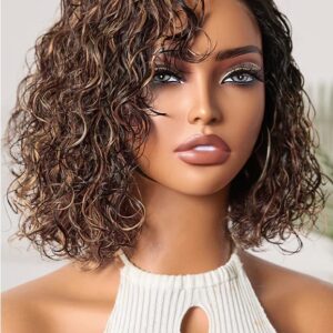 Ready to Go Blonde Highlight Water Wave Short Curly Bob Wig Glueless Minimalist HD Lace Wig Pre-Cut Lace - 14 inch